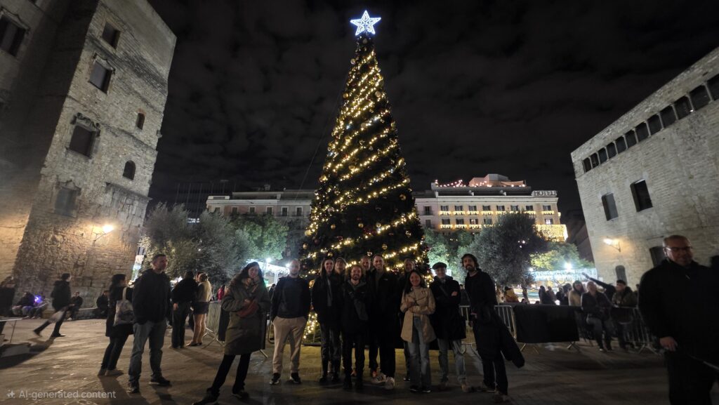 Group of international friends exploring the Christmas markets of Barcelona, visiting the Gothic Quarter and Barceloneta, surrounded by festive lights, decorations, and holiday spirit by the sea.